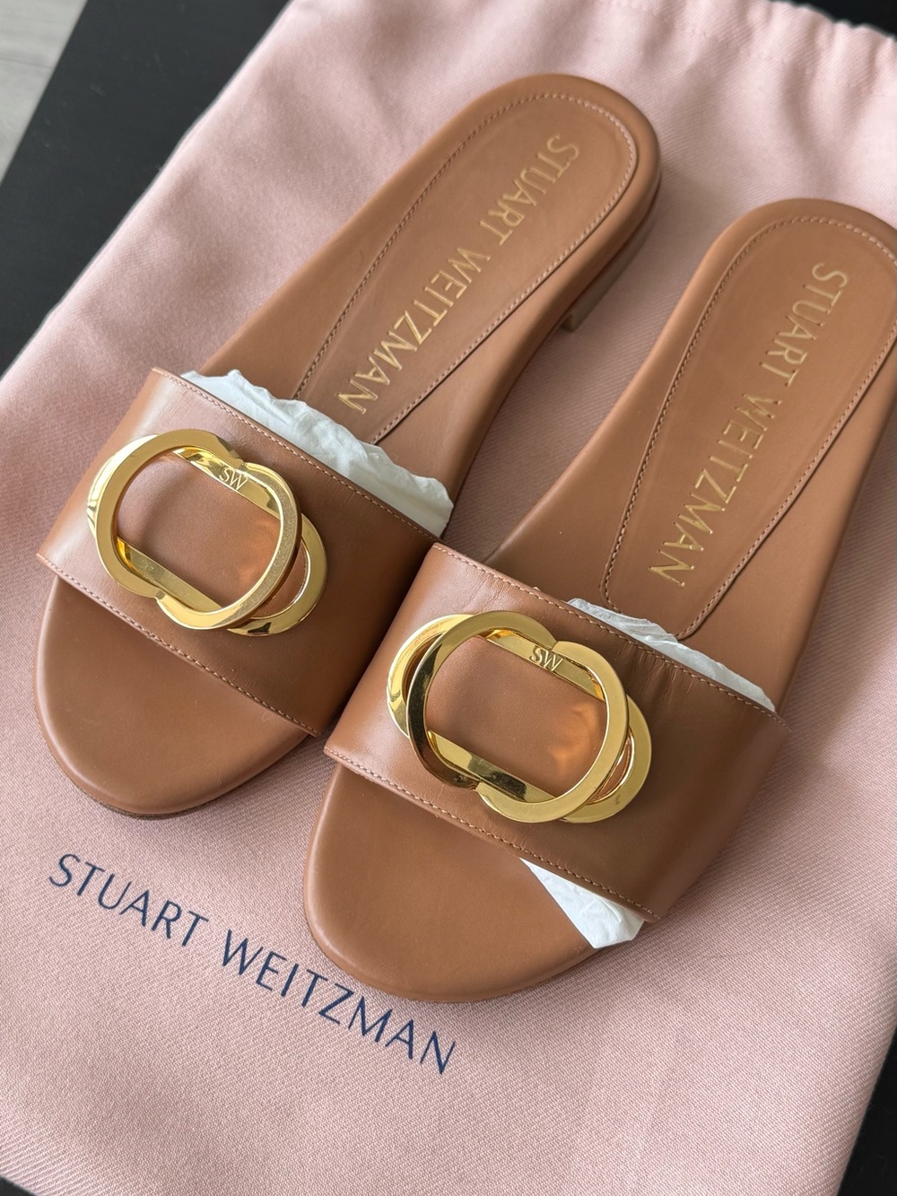 Stuart Weitzman Cognac Leather Slide Sandals with Gold Buckle